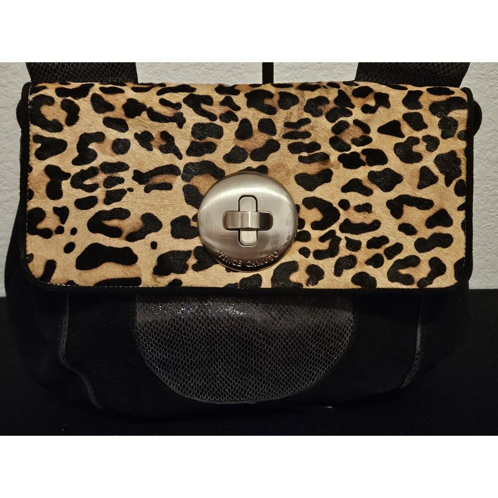 Vince Camuto Leather Animal Print Metal Handle Handbag 16x11x3 EUC - Picture 4 of 16